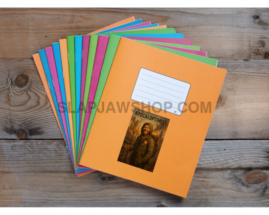 Stack of colorful binders with a central orange one featuring a portrait on a wooden surface