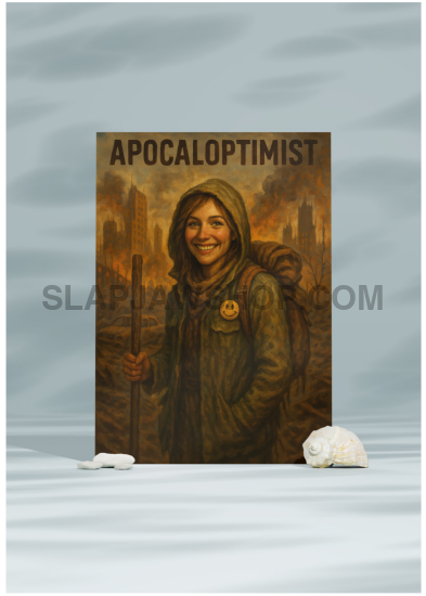 Book titled 'Apocaloptimist' with a cover featuring a person in a hooded coat on a gray background.