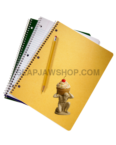 Yellow notebook with a pencil and small figurine on a white background