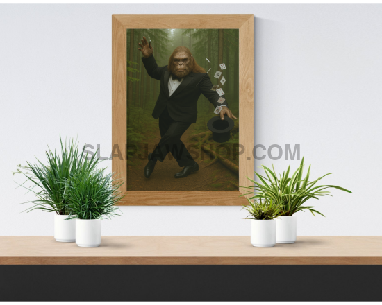 Framed artwork of a person in a suit on a wall above a wooden shelf with plants.