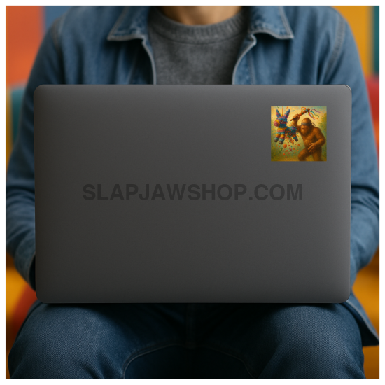 Person holding a laptop with a colorful sticker on the cover