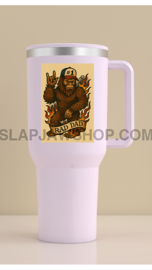 White travel mug with a graphic of a bear and text on a beige background