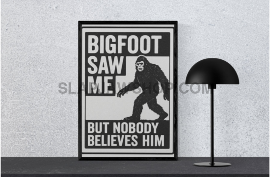 White water bottle with a label featuring a silhouette of a bigfoot and text on a white background