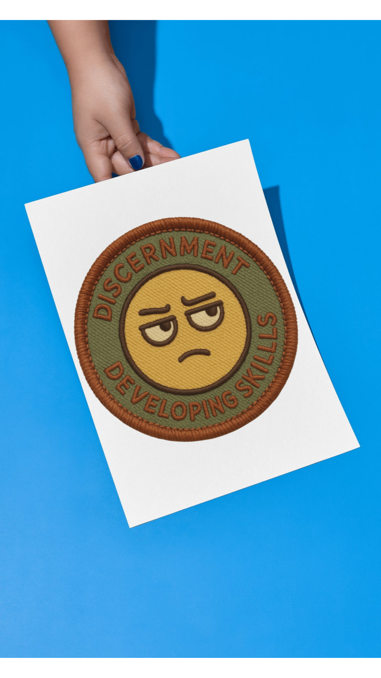 Hand holding a card with a circular emblem featuring a face on a blue background