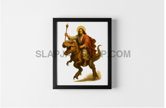 Framed artwork of a warrior on horseback on a white wall