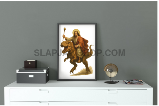 Framed artwork of a warrior on a white shelf against a gray wall
