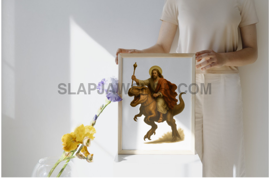 Person holding a framed artwork of a figure on a horse with flowers in the foreground.