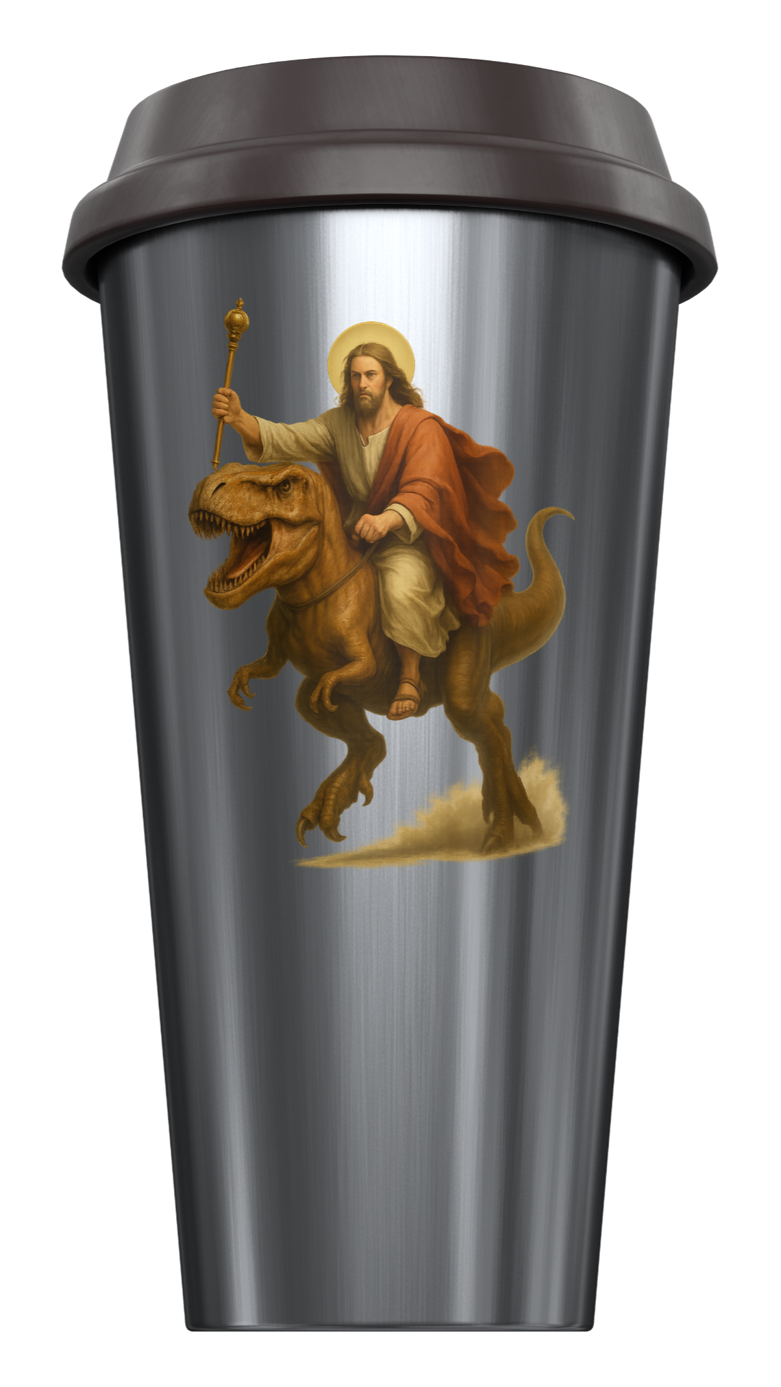 Silver tumbler with a graphic of a person on a horse on a white background