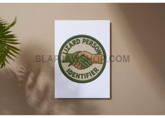 Card with a green and brown emblem on a white background, placed on a textured surface with a plant in the corner.