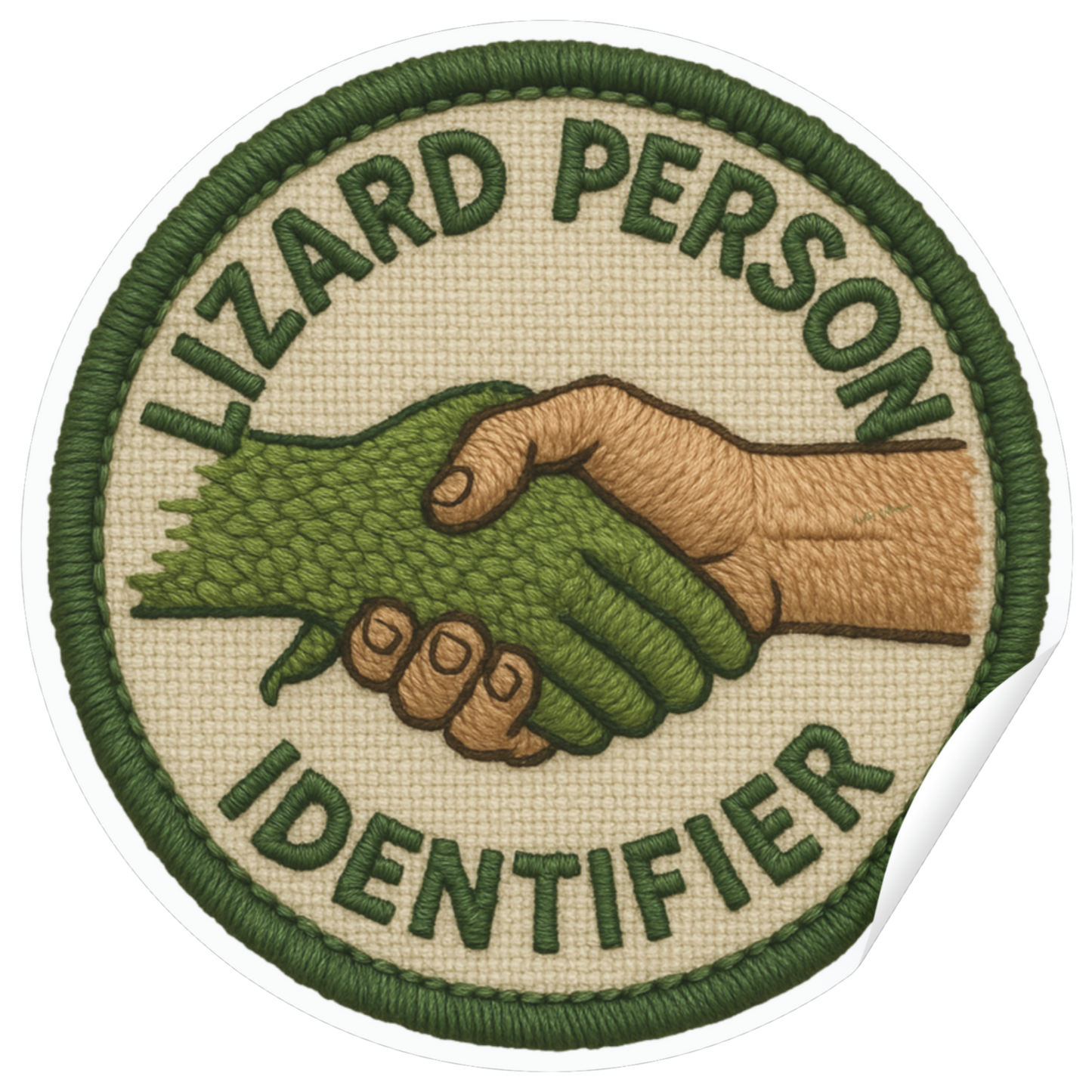 Patch with a hand shaking a lizard's tail, labeled 'Lizard Person Identifier' on a beige background.