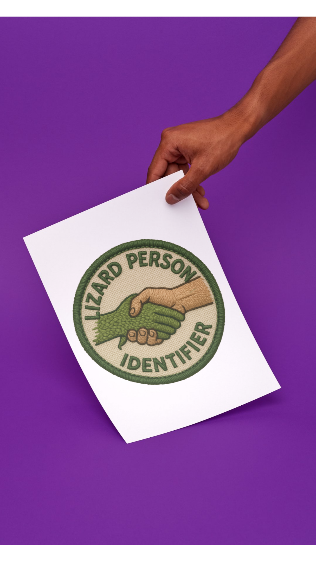 Hand holding a paper with a logo on a purple background