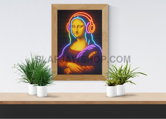 Laptop with a colorful Mona Lisa sticker on a desk with a cup of coffee and mouse.