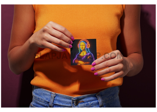 Person holding a small card with a colorful Mona Lisa painting against a dark background