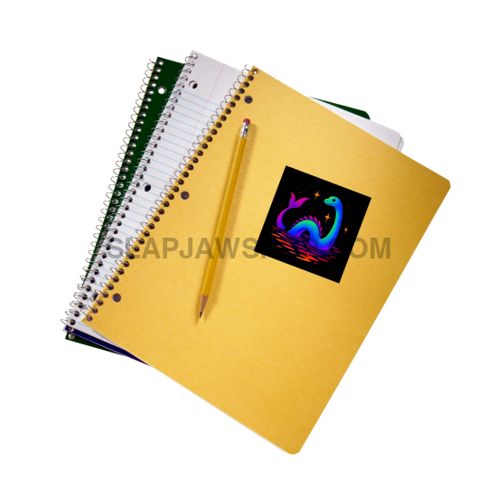 Yellow notebook with a pencil and colorful sticker on a white background