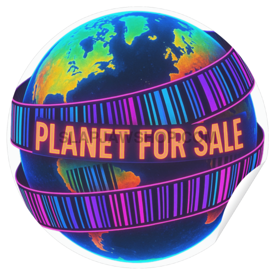 Colorful globe with 'Planet for Sale' band on a white background