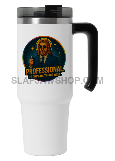 White travel mug with a black handle featuring a graphic design on a white background