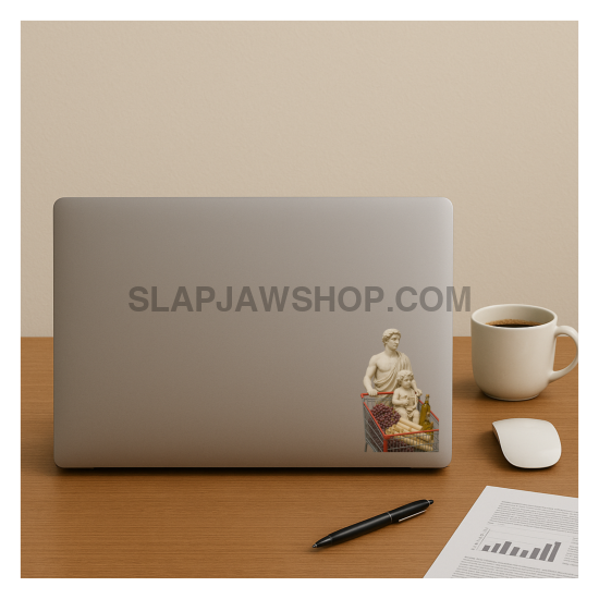 Laptop with a sticker on a desk with a cup, pen, and mouse.
