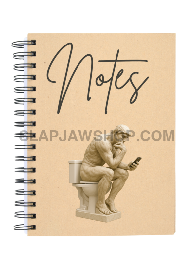 Notebook with a statue of a thinker on a toilet and 'Notes' text on a beige background
