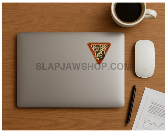 Framed tornado watch sign on a white wall above a desk.