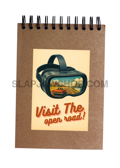 Small brown notebook with a VR headset illustration and 'Visit The Open Road!' text on a white background
