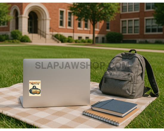 Laptop with a sticker, notebook, and backpack on a picnic blanket outdoors.