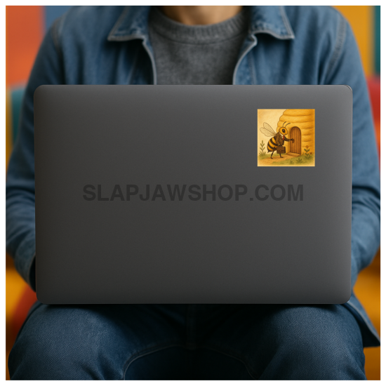 Person using a laptop with a sticker on the back