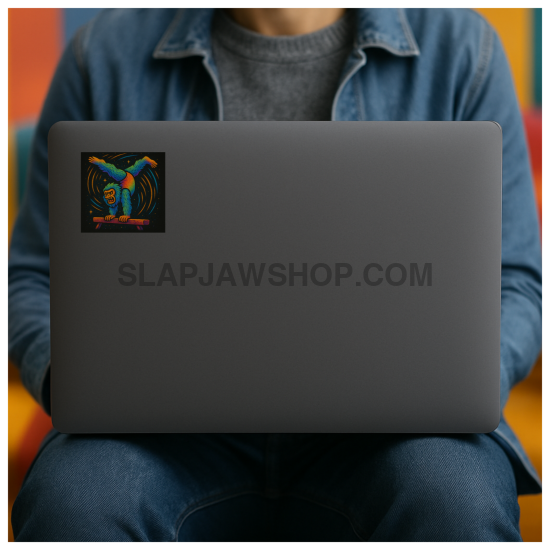 Person sitting with a laptop on their lap against a colorful background