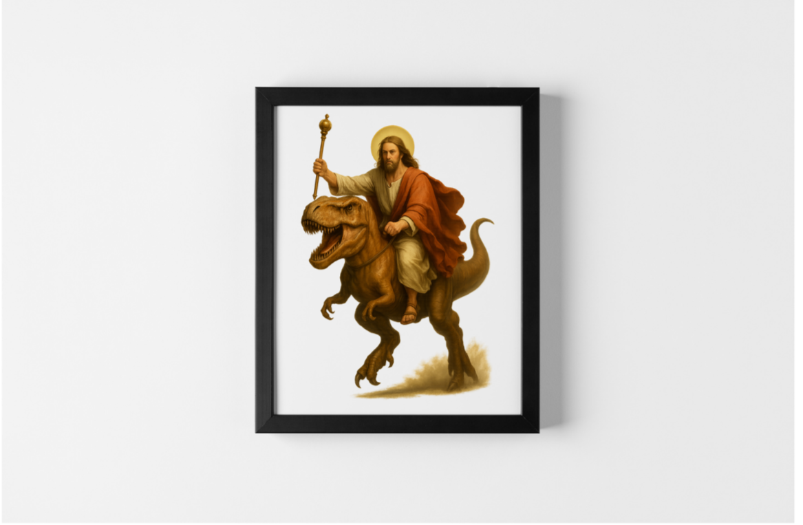 Framed artwork of a warrior on horseback on a white wall