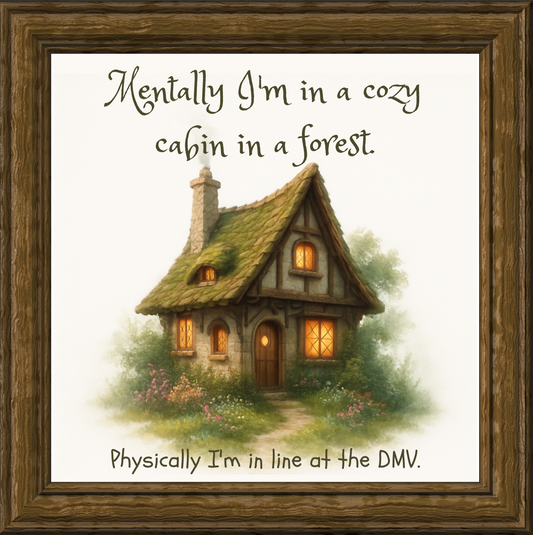 Framed print of a cozy cabin in a forest with humorous text.