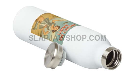 White water bottle with a colorful label featuring a graphic design on a white background