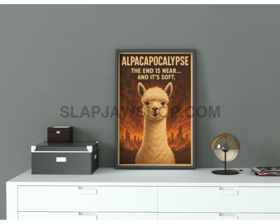 Poster of an alpaca with text on a gray wall above a white cabinet.