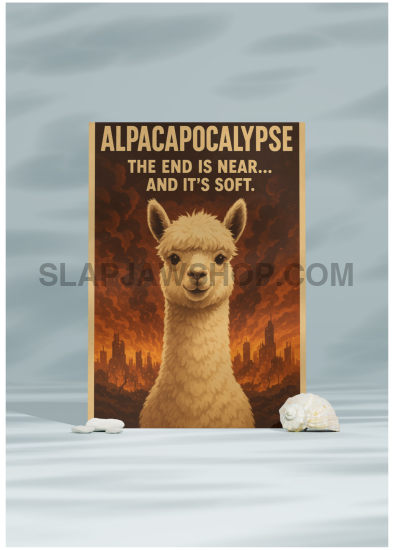 Poster with an alpaca and text 'Alpacapocalypse: The end is near... and it's soft' on a gray background.