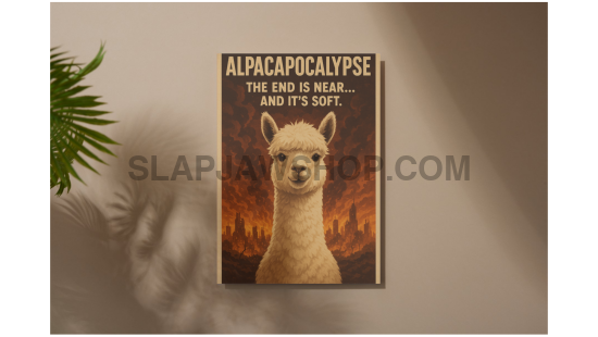 Poster with an alpaca and text 'Alpacapocalypse' on a wall.