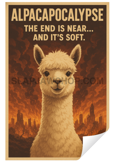 Poster with an alpaca and text 'Alpacapocalypse: The end is near... and it's soft.' on a fiery background.