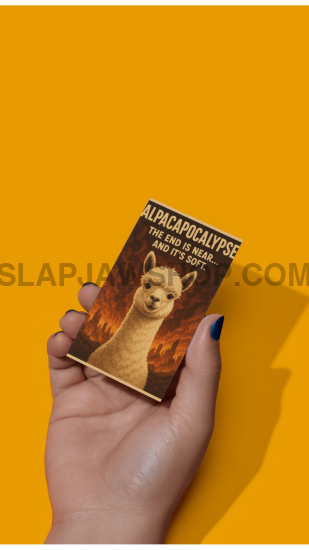 Hand holding a card with a llama graphic and text on an orange background