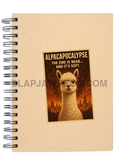 Notebook with a cover featuring an alpaca and text on a white background