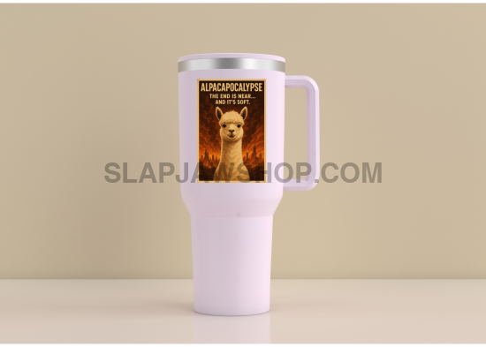 White travel mug with a graphic of a llama and text on a beige background