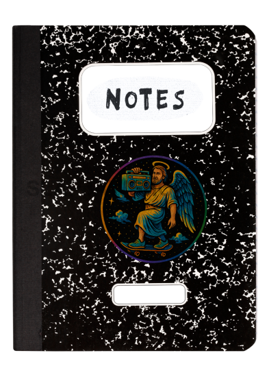 Black notebook with white speckles and a central emblem on a white background