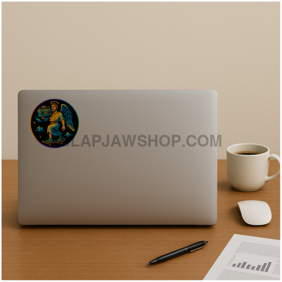 Laptop with a sticker on a desk with a cup, pen, and mouse.