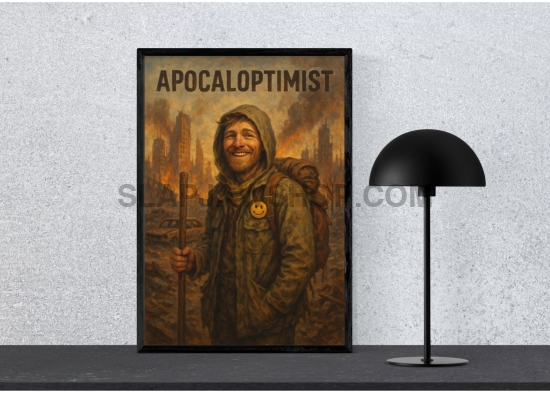 Poster titled 'Apocaloptimist' featuring a person in a raincoat with a cityscape background, displayed on a wall.