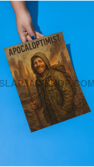Book titled 'Apocaloptimist' held by a hand against a blue background