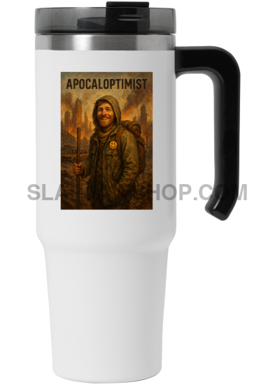 White travel mug with black handle featuring an apocalyptic design and text on a white background
