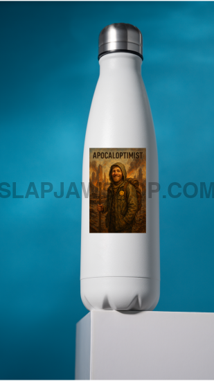 White water bottle with a graphic design on a blue gradient background