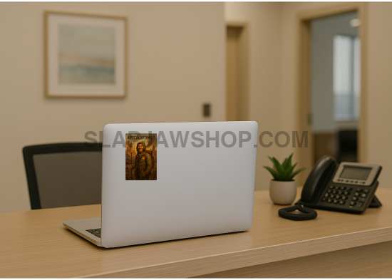 Laptop on a desk with a sticker in an office setting