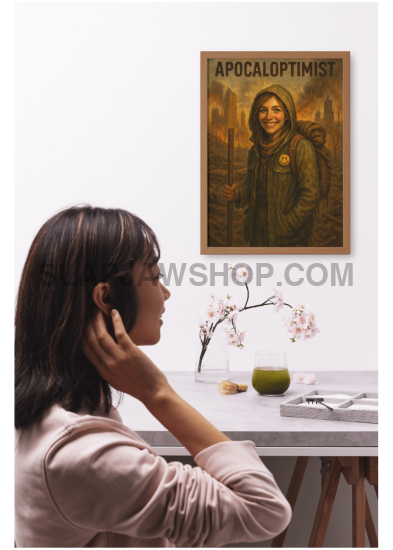 Woman talking on phone with framed poster on wall