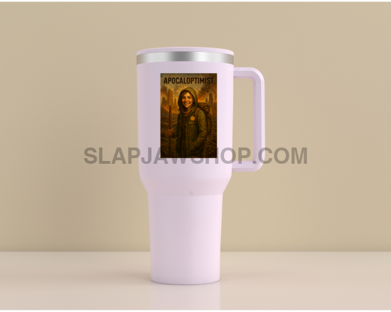 White travel mug with a graphic design on a beige background