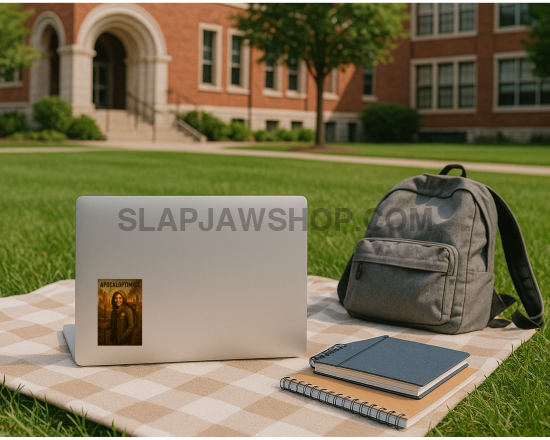 Laptop with a sticker, backpack, and notebook on a checkered blanket outdoors.