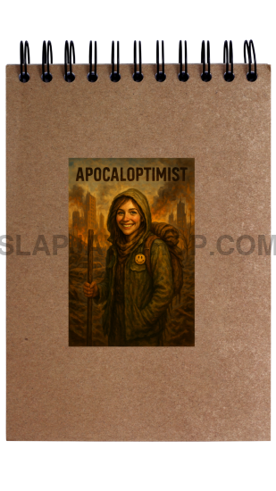Brown notebook with a cover featuring a person labeled 'Apocaloptimist' on a white background