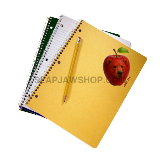 Yellow notebook with a red apple sticker featuring a dog's face, green notebook, and pencil on a white background