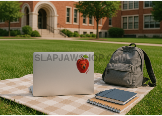 Laptop with an apple sticker on a checkered blanket outdoors, with a backpack and notebook nearby.